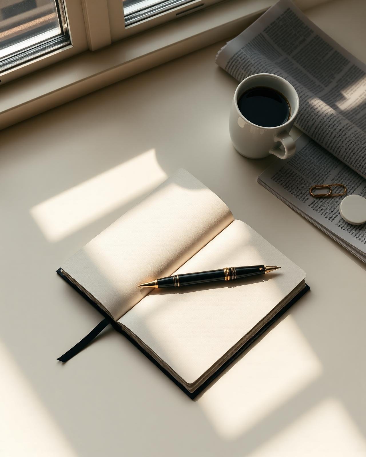 Caderno editorial aberto sobre mesa com café e jornal